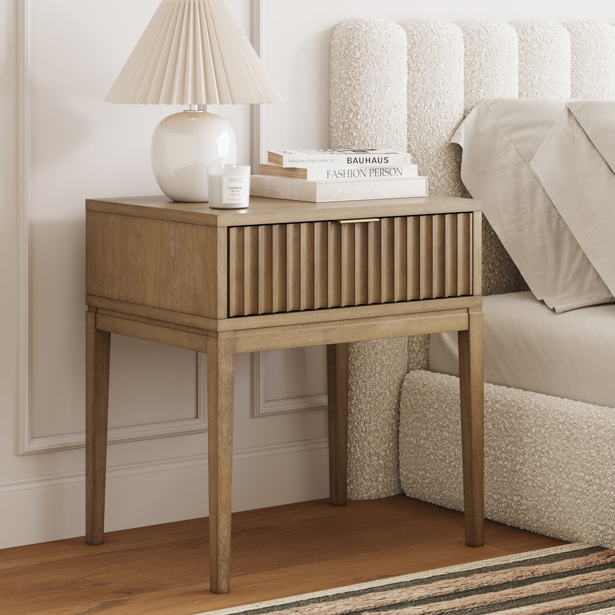 Table de chevet bohème en bois avec tiroir, marron clair