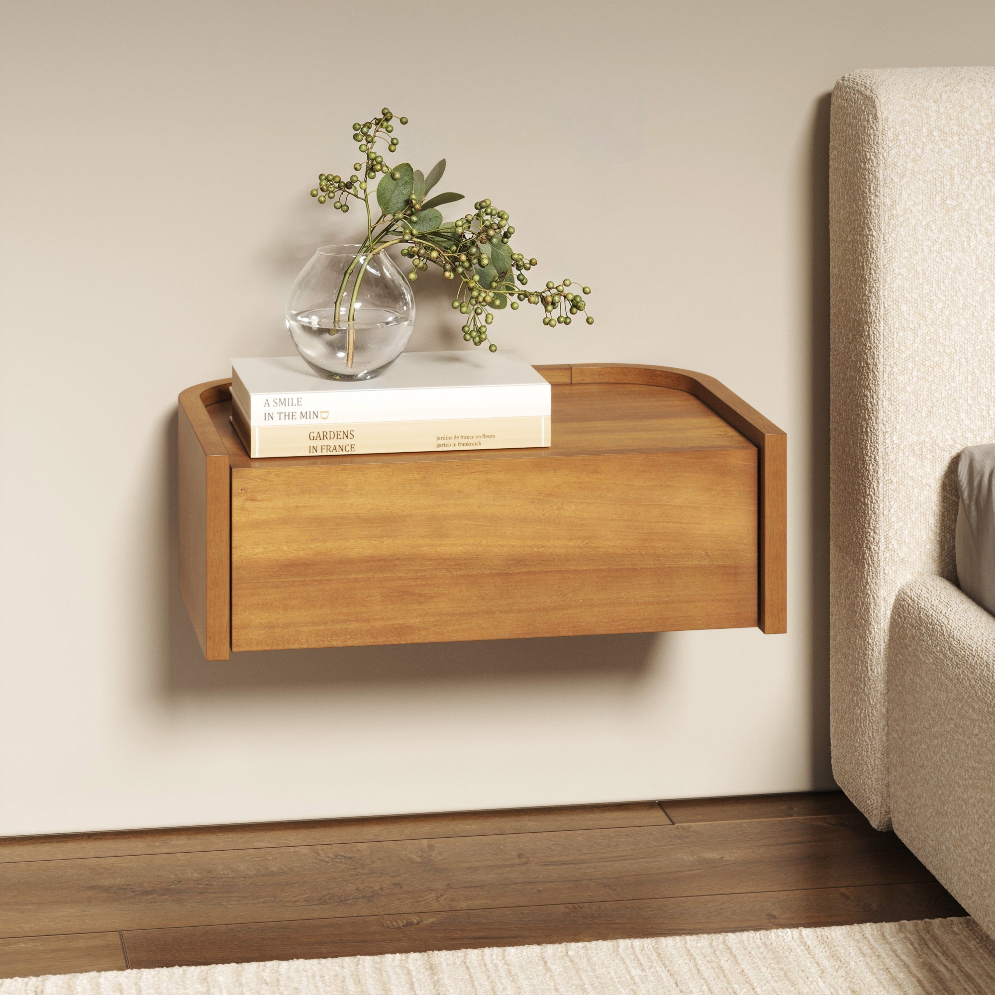 Table de chevet flottante arrondie 1 tiroir Marron clair